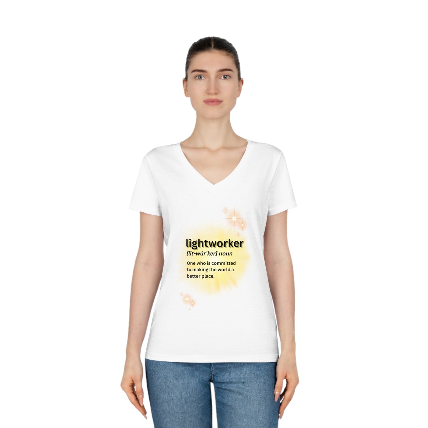 Women's Eco-Friendly V-Neck T-Shirt - lightworker defined sunburst