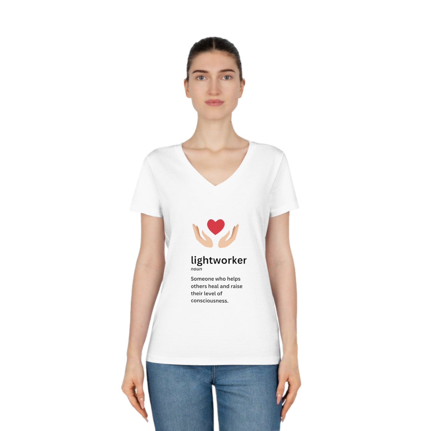 Women's Eco-friendly V-Neck T-Shirt - lightworker heart in hands