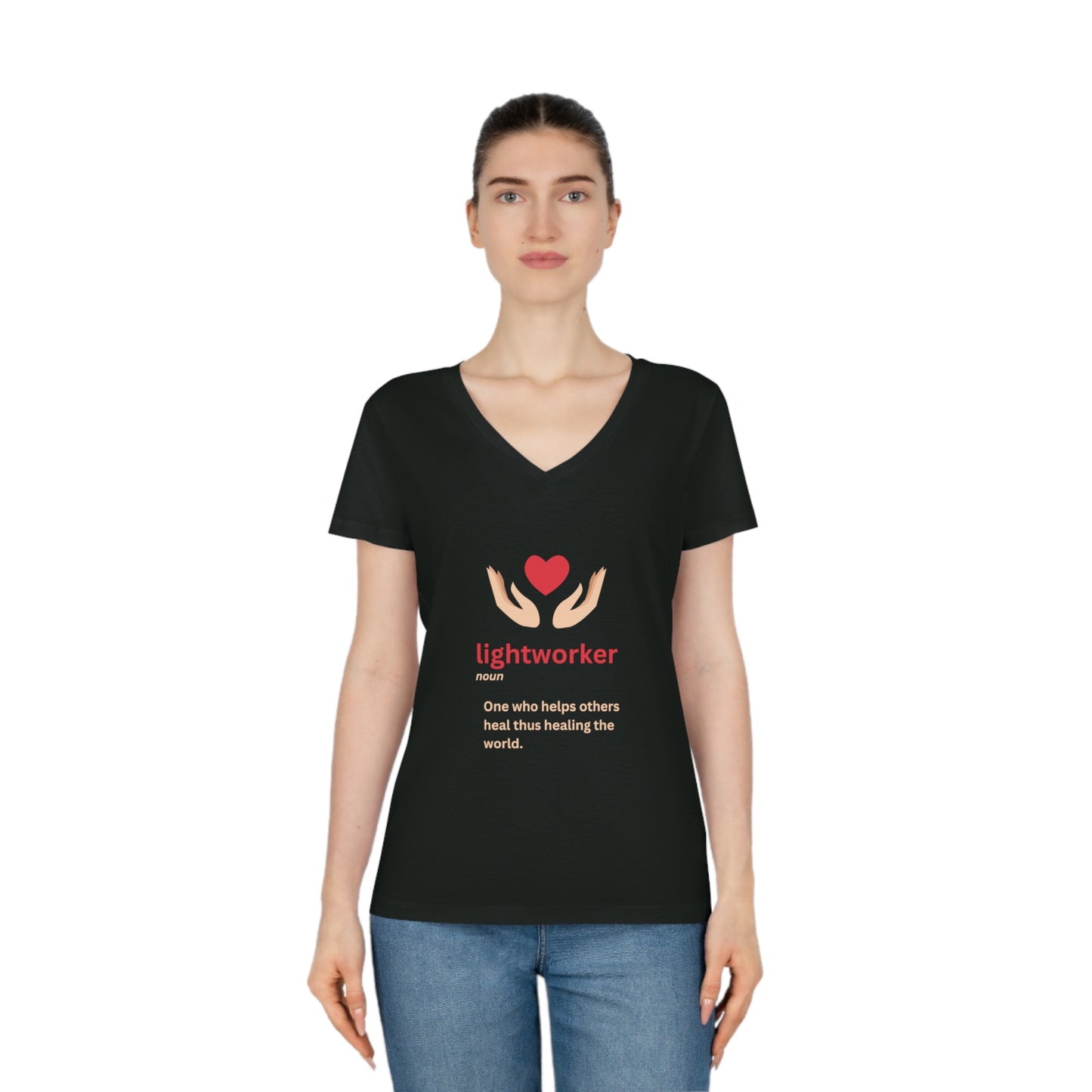 Women's Eco-friendly V-Neck T-Shirt - lightworker heart in hands