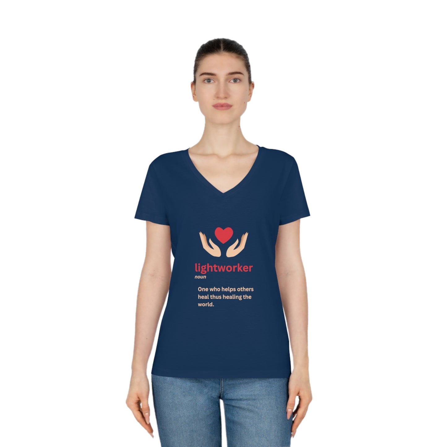 Women's Eco-friendly V-Neck T-Shirt - lightworker heart in hands