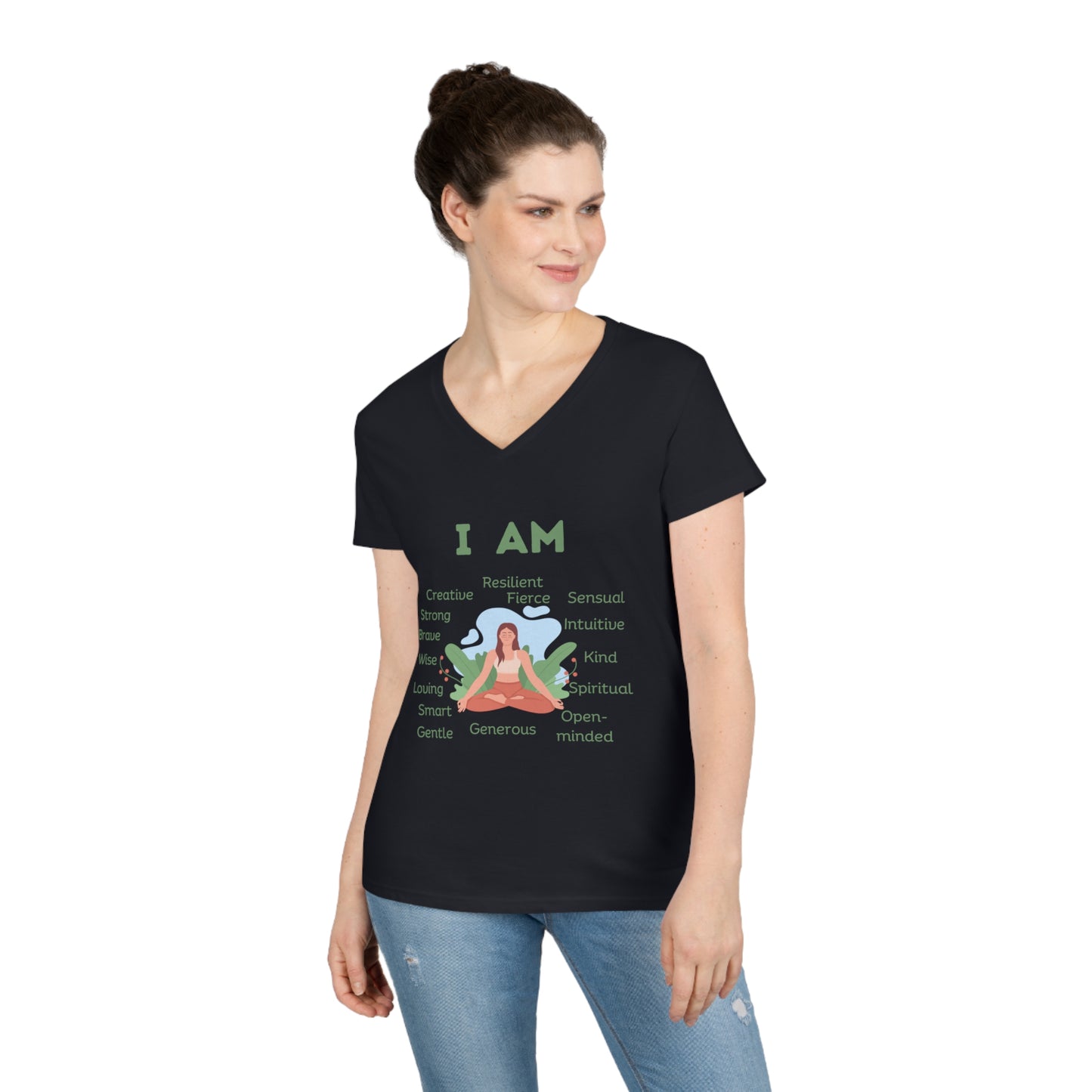 Ladies' V-Neck T-Shirt Slim Fit - I Am (blue/green)