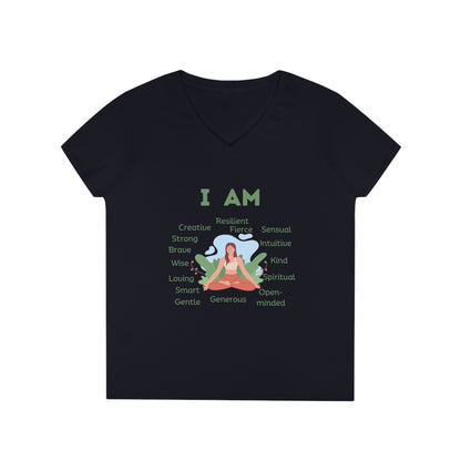Ladies' V-Neck T-Shirt Slim Fit - I Am (blue/green)