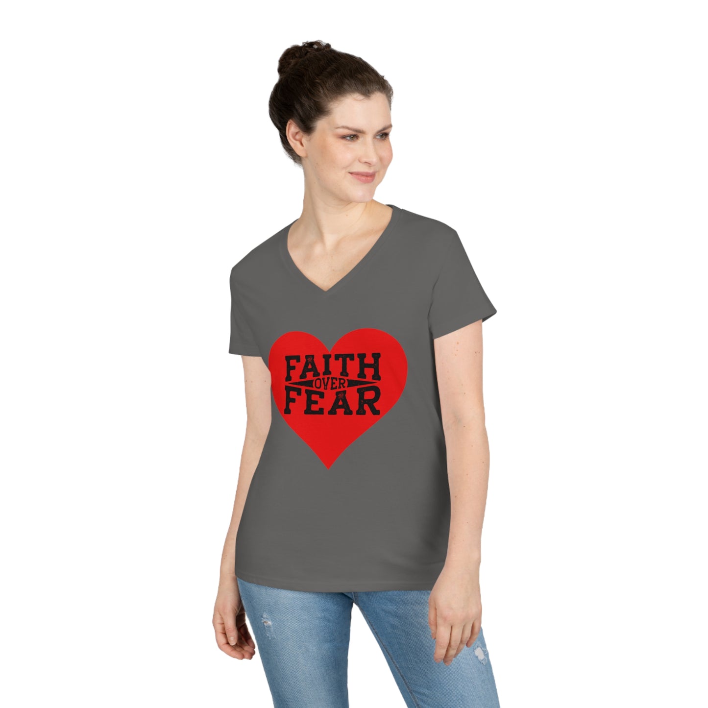 Ladies' V-Neck T-Shirt Slim Fit - Faith over Fear