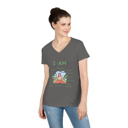 Ladies' V-Neck T-Shirt Slim Fit - I Am (blue/green)