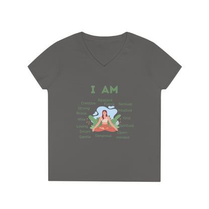 Ladies' V-Neck T-Shirt Slim Fit - I Am (blue/green)