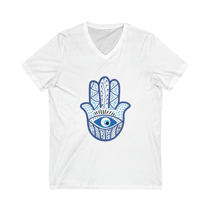 Hamsa Ancient Symbol of Healing and Protection Unisex Jersey Short Sleeve V-Neck Tee