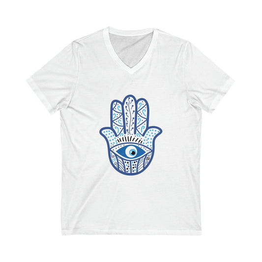 Hamsa Ancient Symbol of Healing and Protection Unisex Jersey Short Sleeve V-Neck Tee