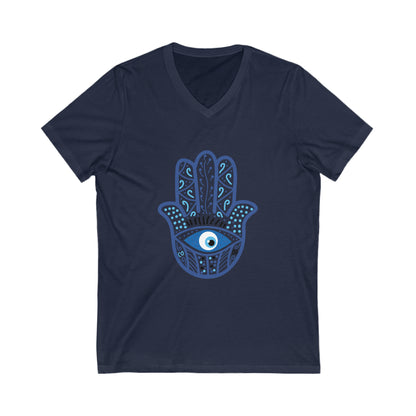 Hamsa Ancient Symbol of Healing and Protection Unisex Jersey Short Sleeve V-Neck Tee