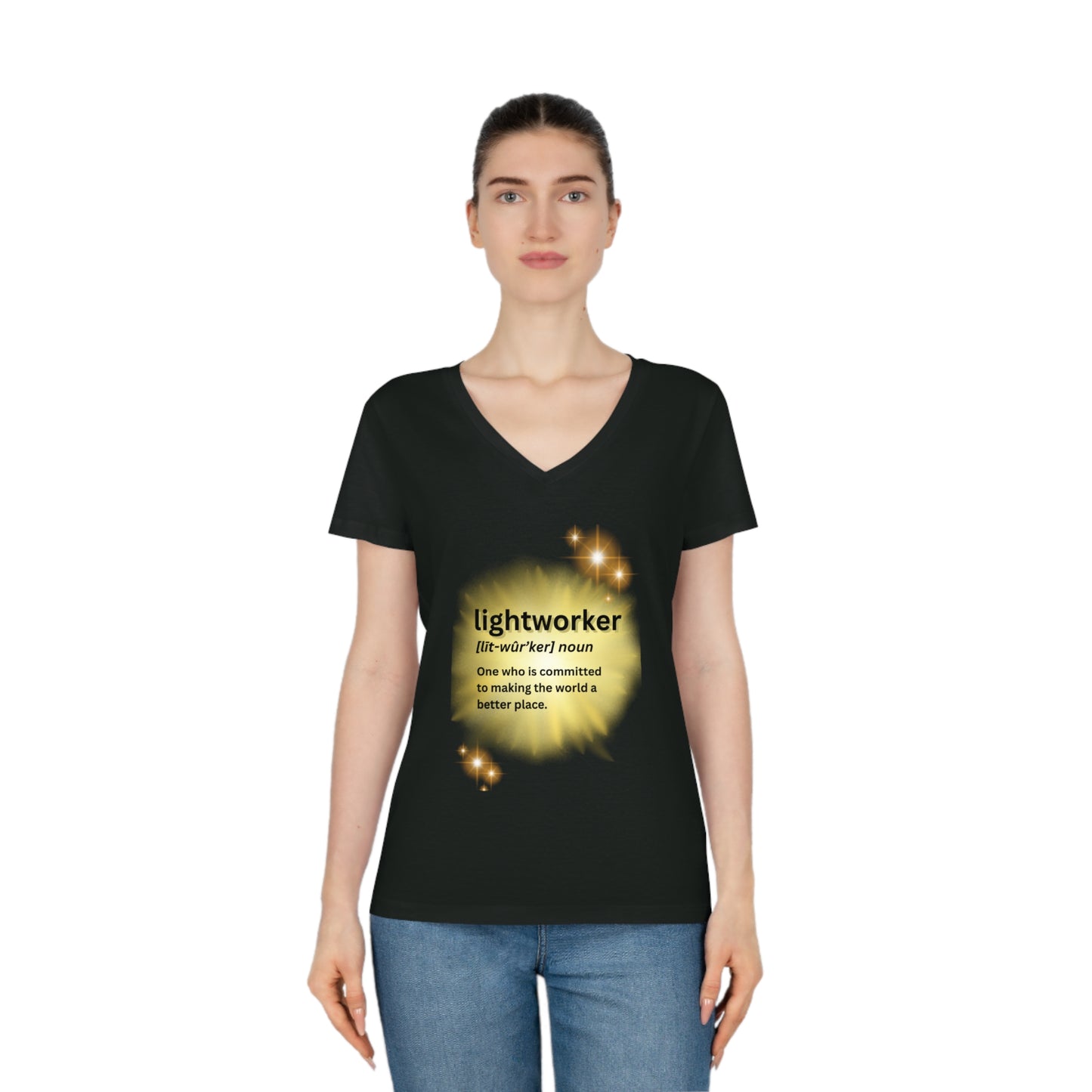Women's Eco-Friendly V-Neck T-Shirt - lightworker defined sunburst